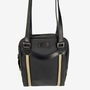 Gucci Black Canvas Leather Vertical Stripe Zip Shoulder Bag Italy Minimalist